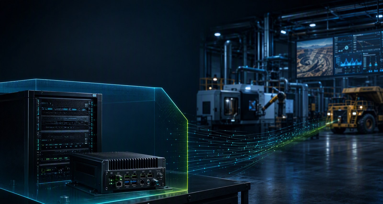 Industrial hall with servers, machinery, and glowing data streams — AI integrated where the data lives