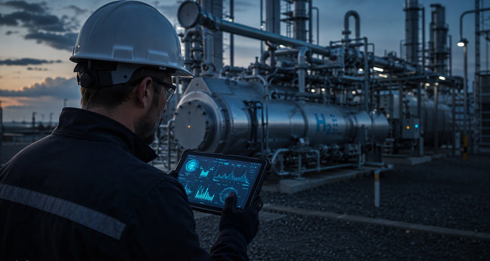 Plant engineer reviewing live dashboards on a rugged tablet at a hydrogen facility
