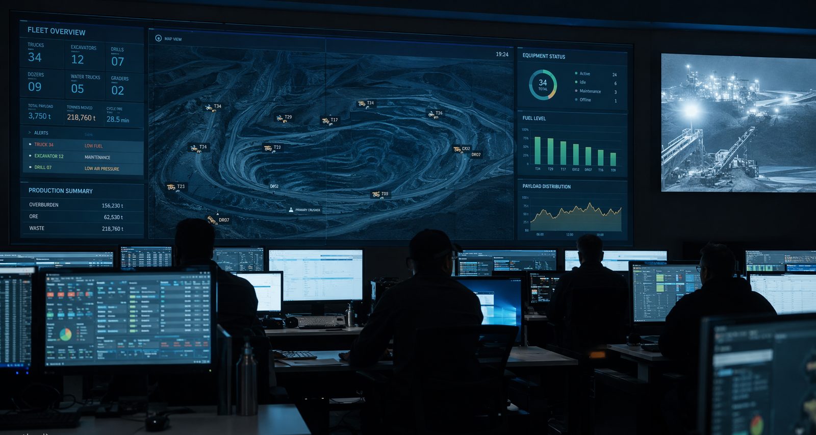 Mining control room with fleet tracking dashboards