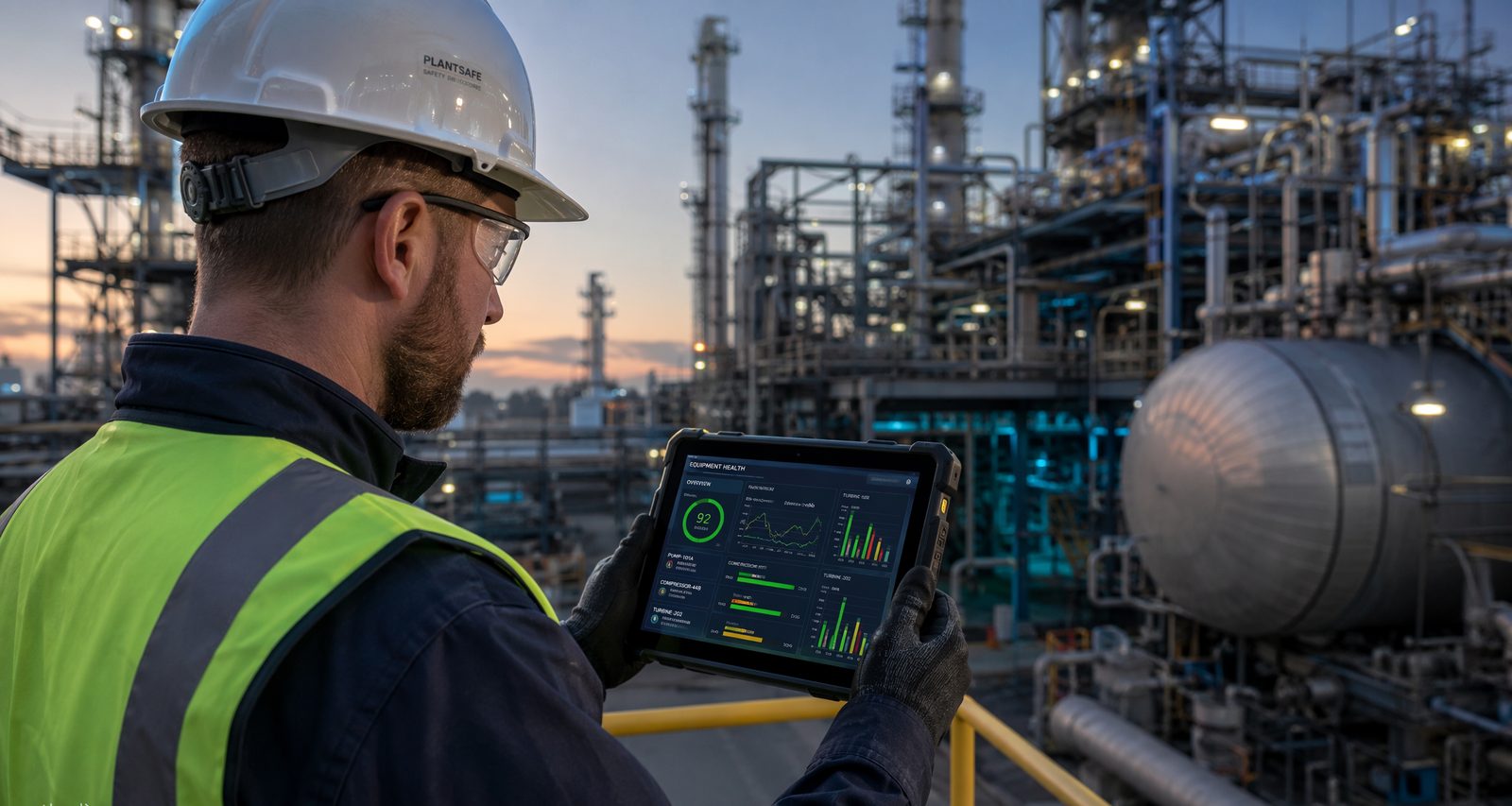 Engineer with equipment health dashboard in a refinery